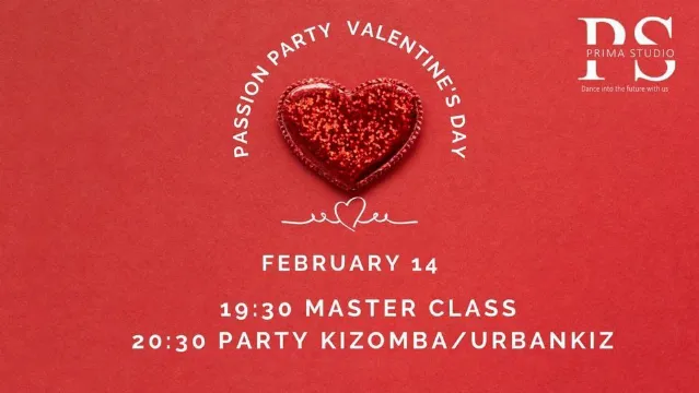 Poster for Passion Kizomba party and Master class by PRIMA studio at Valentine’s Day on Wednesday, February 14 by Prima Studio