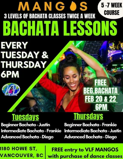 Poster for FREE BACHATA LESSON AT MANGOS 6PM on Tuesday, February 20 by World Dance Co.