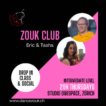 Poster for Latin dance in Zurich - ZOUK CLUB - Brazilian Zouk Intermediate on Thursday, March 30.