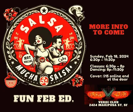 Poster for Mucha Salsa+ Fun Feb Edition on Sunday, February 18 by Mucha Salsa