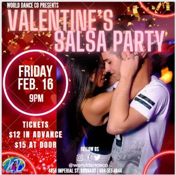 Poster for Valentine's Day Salsa Party on Friday, February 16