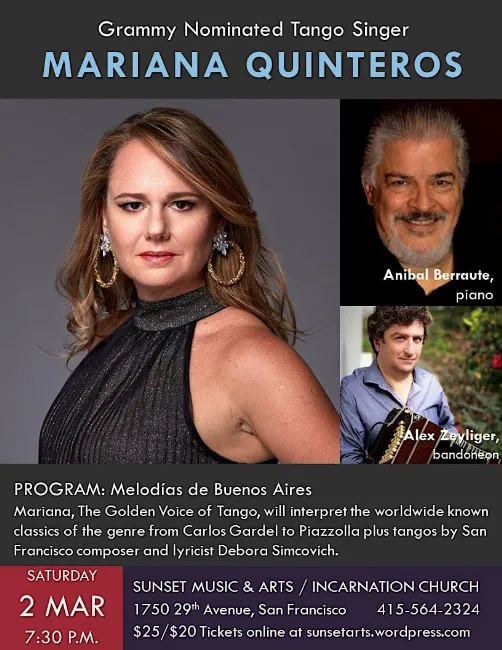 Poster for Melodías de Buenos Aires with Tango singer Mariana Quinteros on Saturday, March  2 by The Episcopal Church of the Incarnation San Francisco
