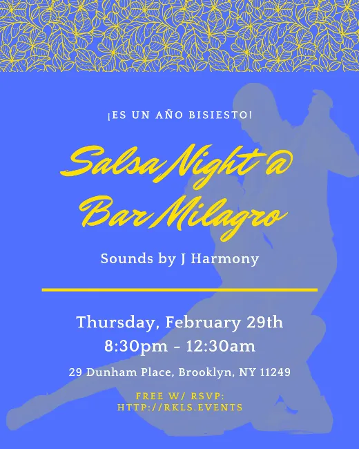 Poster for Salsa Night @ Bar Milagro on Thursday, February 29 by J Harmony