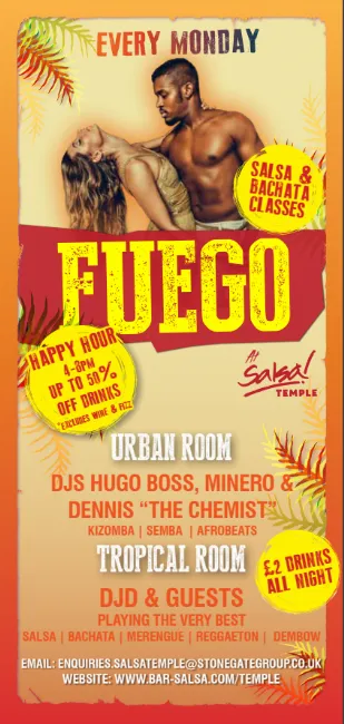 Poster for FUEGO Mondays on Monday, May 29 by Bar Salsa Temple