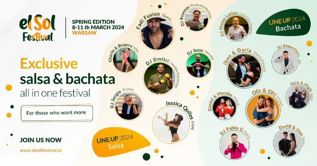 Poster for 2nd elSol Spring Edition Warsaw SALSA&BACHATA Official Event 8-11th March 2024 on Thursday, March  7
