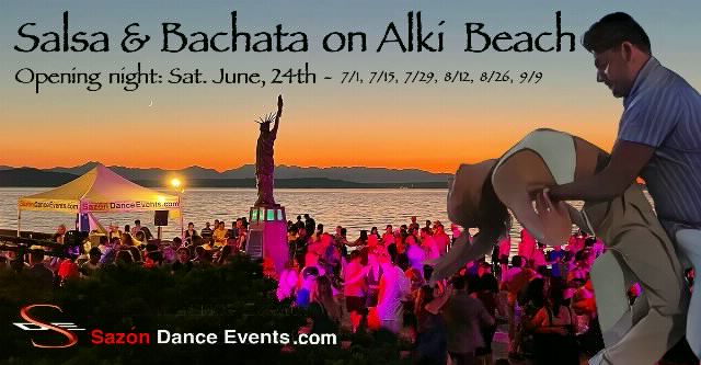 Poster for 2023 Salsa & Bachata on Alki Beach w/Intro lesson on Saturday, June 24