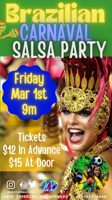 Poster for Brazilian Carnaval Salsa Party on Friday, March  1.