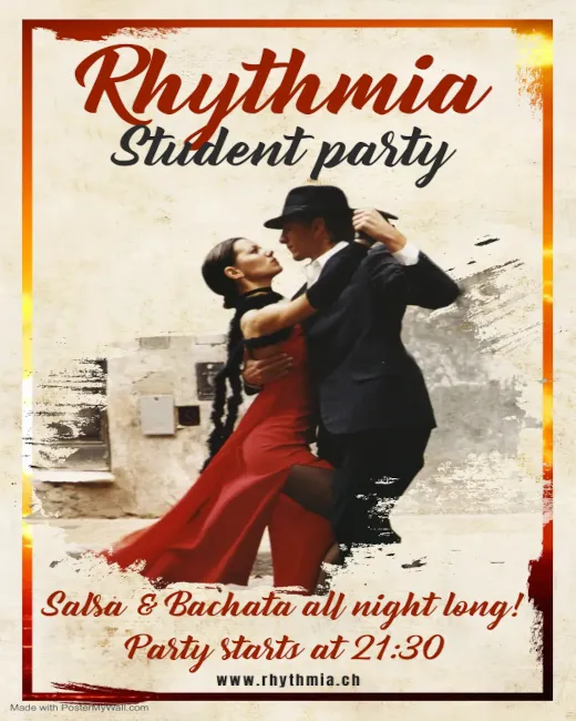 Poster for 🕺🏻Rhythmia Student Party 💃 on Friday, April 12 by Rhythmia Salsa & Bachata Studio