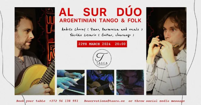 Poster for AL SUR dúo - Argentinian Tango & Folk Music on Friday, March 22 by Tasca Portuguesa
