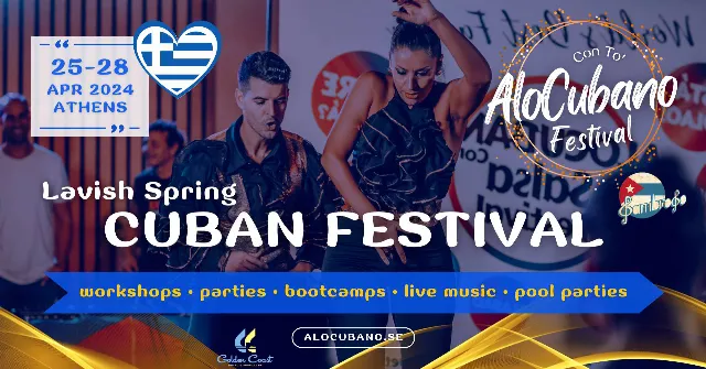 Poster for AloCubano Festival 2024 • Lavish Spring CUBAN Festival • with Sambroso • ATHENS Marathon Beach on Thursday, April 25 by Alocubano Sweden