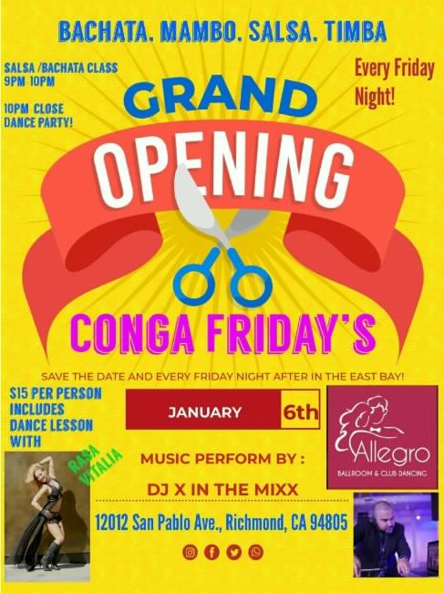 Poster for Conga Fridays at Allegro – Salsa/Bachata Class 9pm with Rasa Vitalia, Party until Close with DJX on Friday, April 14 by Allegro Ballroom