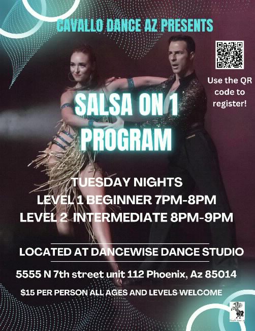 Poster for Salsa on 1 Program: Level 1 & Level 2 Classes on Tuesday, October  3 by Cavallo Dance Az