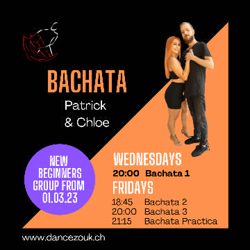 Poster for Learn Bachata in Zurich! Beginner & Intermediate Classes on Wednesday, February  8.