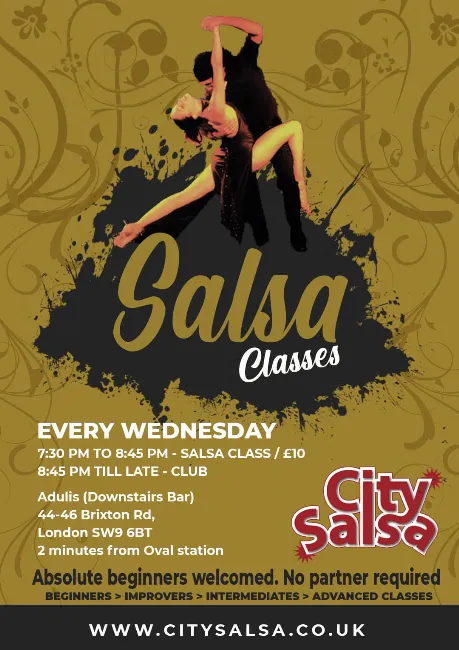 Poster for Brixton/Oval Wednesday Salsa Dance Classes & Party on Wednesday, July 12 by City Salsa UK