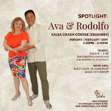 Poster for Spotlight: Salsa Crash Course (Beg) w/ Ava & Rodolfo on Sunday, February 18 by Rae Studios
