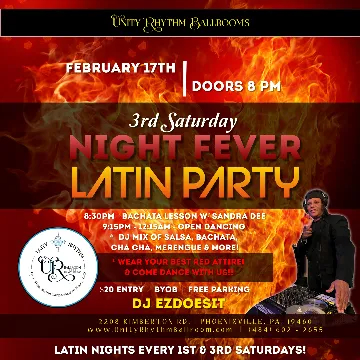 Poster for 3rd Saturday 'NIGHT FEVER' Latin Night Party! on Saturday, February 17 by Unity Rhythm Ballroom Dance Studio