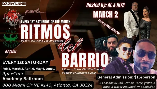 Poster for Latin Dance Party: Ritmos Del Barrio on Saturday, March  2.