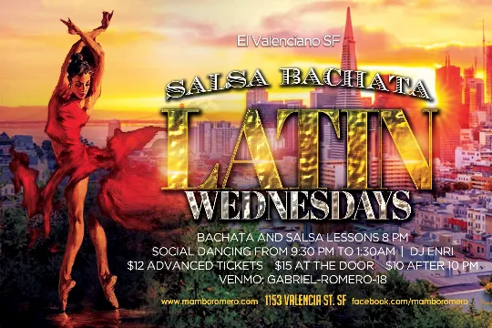 Poster for Latin Wednesdays at El Valenciano on Wednesday, January  3 by Mambo Romero Dance Company