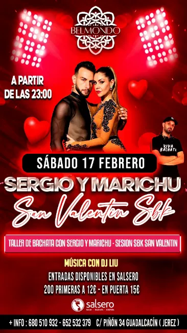 Poster for Sergio y Marichu + Dj Liu // San Valentín en Belmondo (Taller + Social SBK) on Saturday, February 17