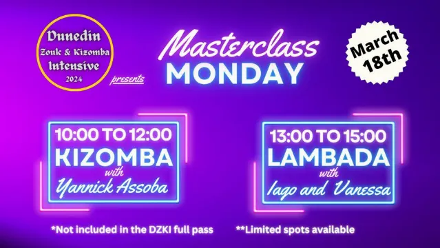 Poster for Masterclass Monday - Kizomba and Lambada on Tuesday, March 19 by Emily and Augusto