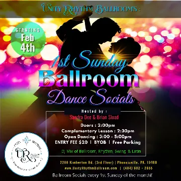 Poster for Ballroom, Swing & Latin Social Dance Party! on Sunday, March  3 by Unity Rhythm Ballroom Dance Studio
