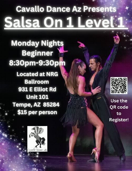 Poster for Salsa on 1 Program Level 1 Class 1 on Monday, January 30.