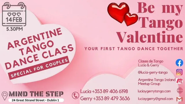 Poster for 💖 Valentine's Tango Special: Beginners' Class for Couples 💖 on Wednesday, February 14 by Lucia Seva
