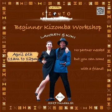 Poster for Beginner Kizomba Workshop on Saturday, April  6 by Kizonto