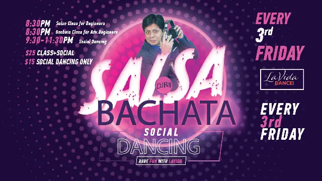 Poster for SALSA & BACHATA DANCE SOCIAL w/ intro classes (every 3rd Friday)) on Friday, March 15