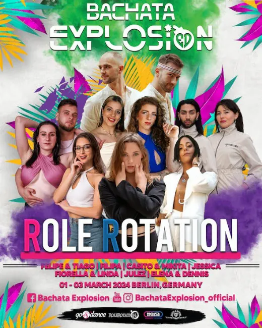 Poster for Bachata Explosion Berlin Role Rotation 2024 on Friday, March  1.
