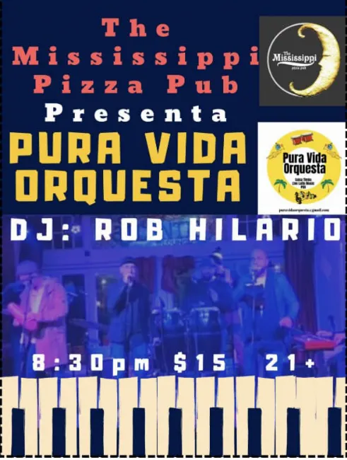 Poster for Live Salsa at The Mississippi Pizza Pub on Friday, February 16