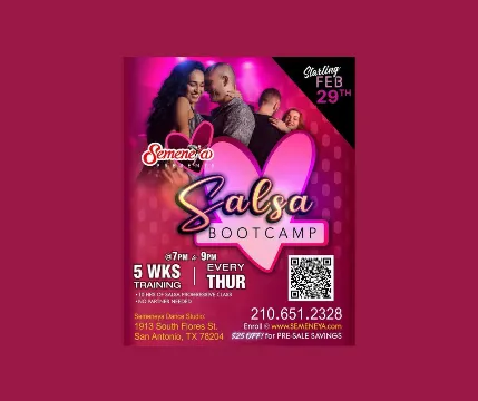 Poster for Semeneya Dance Studio Salsa Bootcamp 5 Weeks on Thursday, February 29.