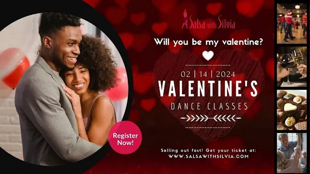Poster for VALENTINE'S DAY ROMANTIC BACHATA CLASS FOR COUPLES on Wednesday, February 14 by Salsa With Silvia