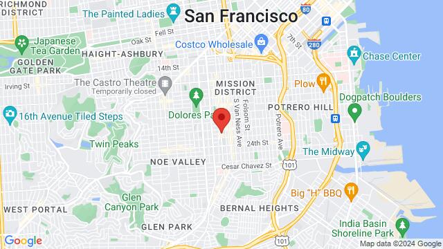 Map of the area around El Valenciano Restaurant & Bar, 1153 Valencia St, San Francisco, CA, 94110, US